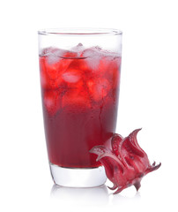 roselle flower juice in glass with ice isolated on white backgro