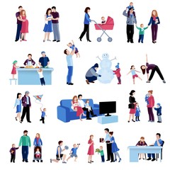 Fototapeta premium Parenthood family situations flat icons set