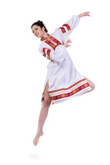 beautiful jumping girl in ukrainian polish national traditional costume clothes happy smile, full...