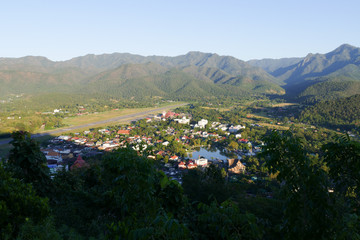 Fototapeta na wymiar view of Mae Hong Son city in northern Thailand with runway of ai