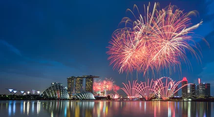 Papier Peint photo autocollant construction de la ville Singapore firework waterfront