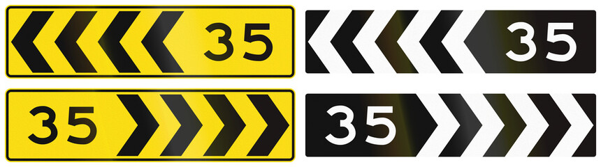 A collection of New Zealand road signs - Chevron with advisory speed