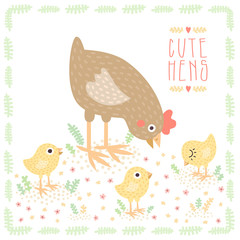 Cute brown hen with baby chickens vector background and card