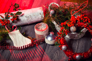 Christmas background on wooden table and copy space