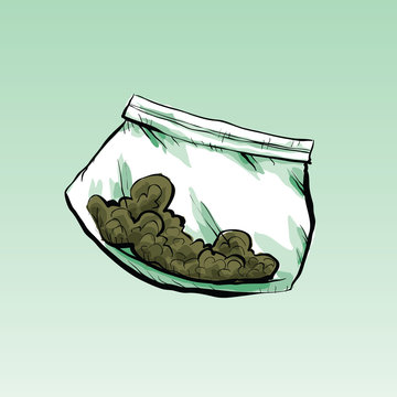 A cartoon of a plastic bag containing medical marjuana for smoking.