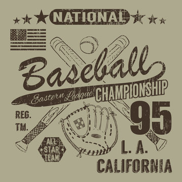 Baseball sport typography, Eastern league los angeles, sketch of crossed baseball batsand glove t-shirt Printing design graphics, vector illustration poster, Badge Applique Label