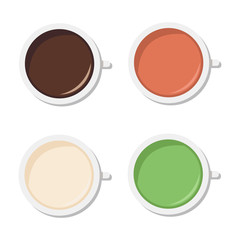 Top View of Coffee, Milk Tea, Milk, Green Tea. On white background. Vector.