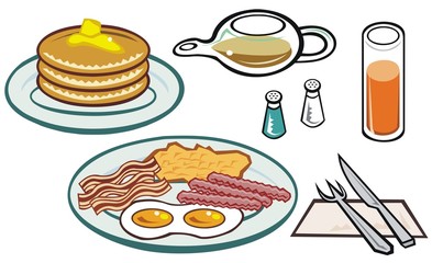 Typical big American breakfast, with orange juice and maple syrup 
