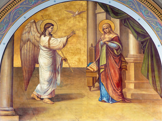 Athens - fresco of Annunciation on the facade of Metropolitan Cathedaral 