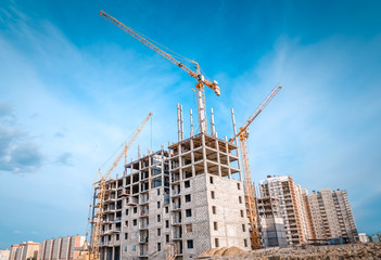 Building construction site and large crane