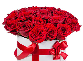 gift hatbox with colorful red roses on Valentine's day holiday,