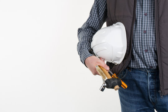 Closeup of builder with white helmet on white background