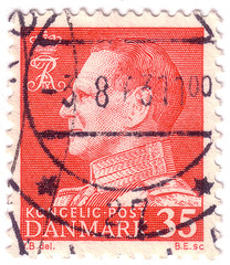 Denmark - circa 1964: Postage stamp printed in Denmark shows portrait of king Frederick IX