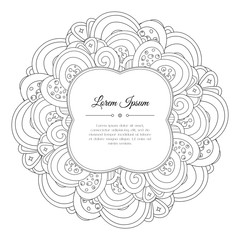 Black and white hand drawn floral doodle frame. Flowers, leaves and paisley. Abstract zentangle background. Good for cards, invitations, wedding, cover, flyer, calendar, brochure. Vector illustration