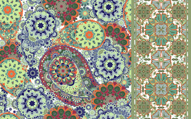 Set of paisley floral seamless pattern with seamless ribbon. Vector floral background