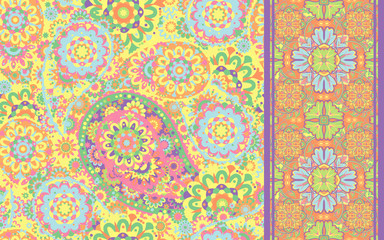 Set of paisley floral seamless pattern with seamless ribbon. Vector floral background