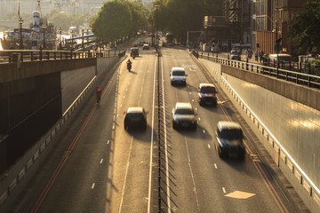 Traffic at sunset, high angle from a bridge