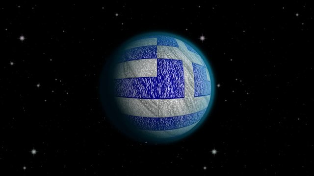 Animated abstract planet Greece with destroyed surface in the Greek flag style with blue atmosphere lost in the universe. Looped full HD animation. 