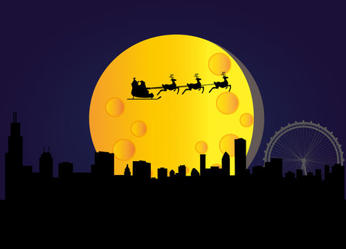 santa flying over the city of chicago