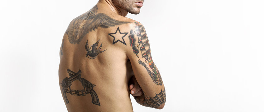 Sexy Tattooed Man Back Portrait Looking At Camera Letterbox