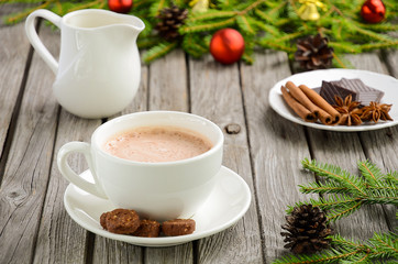 Hot chocolate on the rustic wooden table