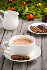 Hot chocolate on the rustic wooden table