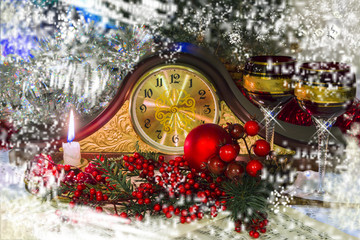 Mantel clocks without hands, surrounded by Christmas accessories