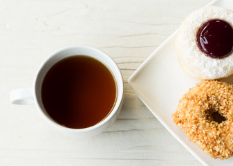 fresh baked donuts and tea