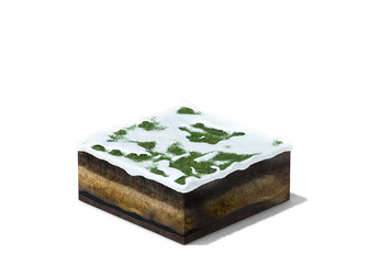 3d illustration of section of winter land with grass under slow and soil, isolated on white background