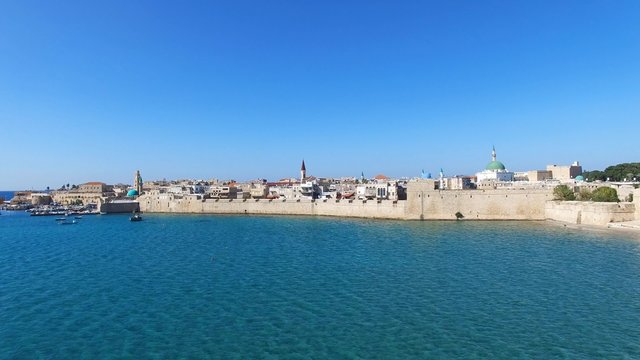 Aerial footage of the Port and old city of Acre, Israel.