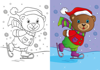 Coloring Book Of Cute Teddy Bear Skates
