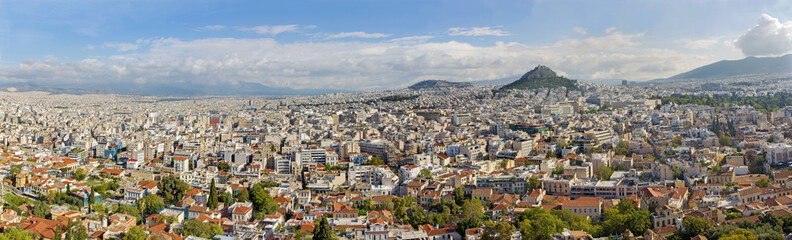 Fototapeta na wymiar Athens - The panorama from Acropolis to Likavittos hill and the town.