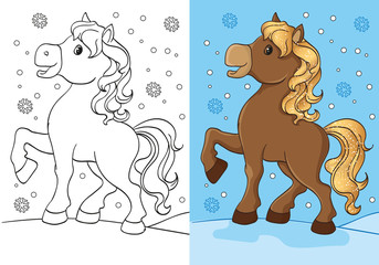 Coloring Book Of Cute Horse With Golden Mane