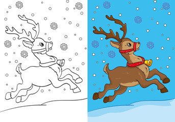 Coloring Book Of Christmas Deer Running On Snow
