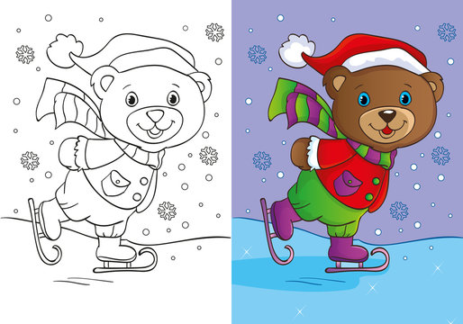 Coloring Book Of Cute Teddy Bear Skates
