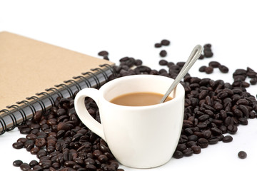 Cup of coffee and book, isolate on white background