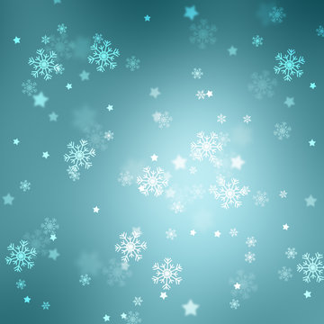 Lovely cyan colored blurry bokeh with blurred star shapes and snowflakes. Magic Christmas and New Year snowy Holiday greeting card copy space background.