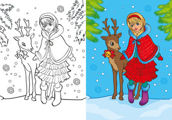 Coloring Book Of Santa Girl Stands With Deer