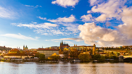 Fototapeta na wymiar Panoramic view of Prague Castle and Lesser Town from Lesser Town Bridge Tower (Charles Bridge)