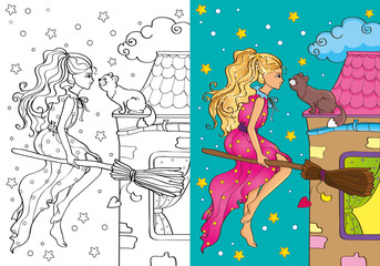 Obraz na płótnie Canvas Coloring Book Of Pretty Witch Flying On Broomstick