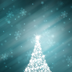 Lovely shiny snowflake Christmas tree with sparkle and beautiful bright and shiny cyan blue color background with blurry snowflakes. Christmas Holiday illustration copy space background.