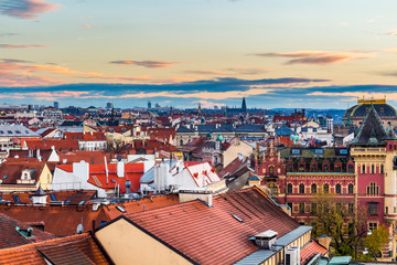 Scenic summer aerial view of the Old Town architecture with terracotta roofs in Prague , Czech Republic