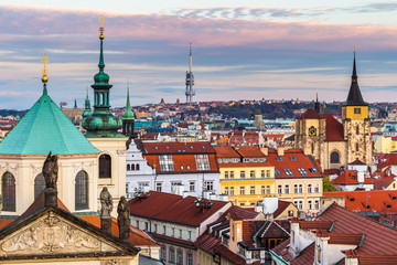 Fototapeta premium Scenic summer aerial view of the Old Town architecture with terracotta roofs in Prague , Czech Republic