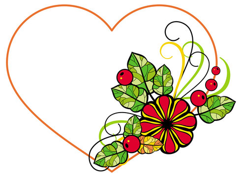Colorful frame in shape of heart decorative flowers and berries