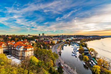 Evening Prague scene over Vltava/Moldau river in Prague taken from the top of Vysehrad castle, Czech Republic