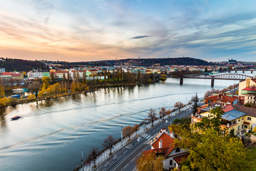 view of the prague castle and railway bridge over vltava/moldau river taken from the vysehrad...