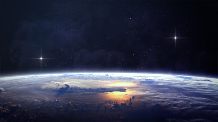 Planet over the nebulae in space. Elements of this image furnished by NASA
