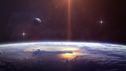 Planet over the nebulae in space. Elements of this image furnished by NASA