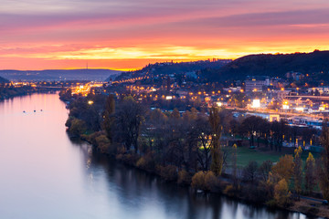 View to the night small district in big city Prague at blue hour, Czech Republic.