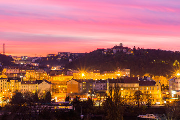 View to the night small district in big city Prague at blue hour, Czech Republic.